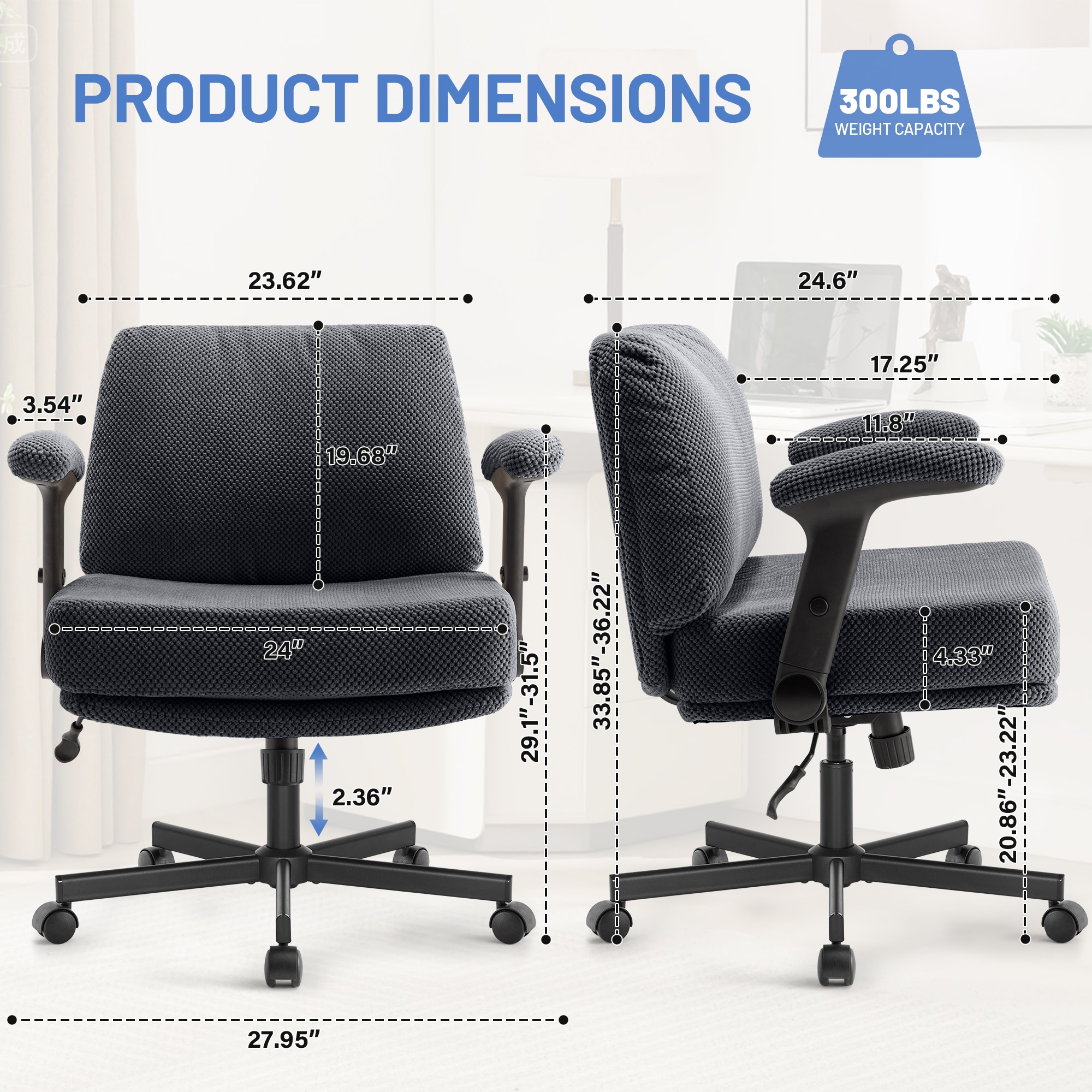 Criss Cross Chair With Wheels And Flip Arms- Comfy Fabric Cross Legged Office Chair With Thick Cushion&Wide Seat, Adjustable Swivel Desk Chair For Home Office, Apartment, Bedroom_voghion.com